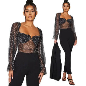 PrettyLittleThing Black Mesh Polka Dot Milkmaid Bodysuit Womens 12 Sheer Stretch